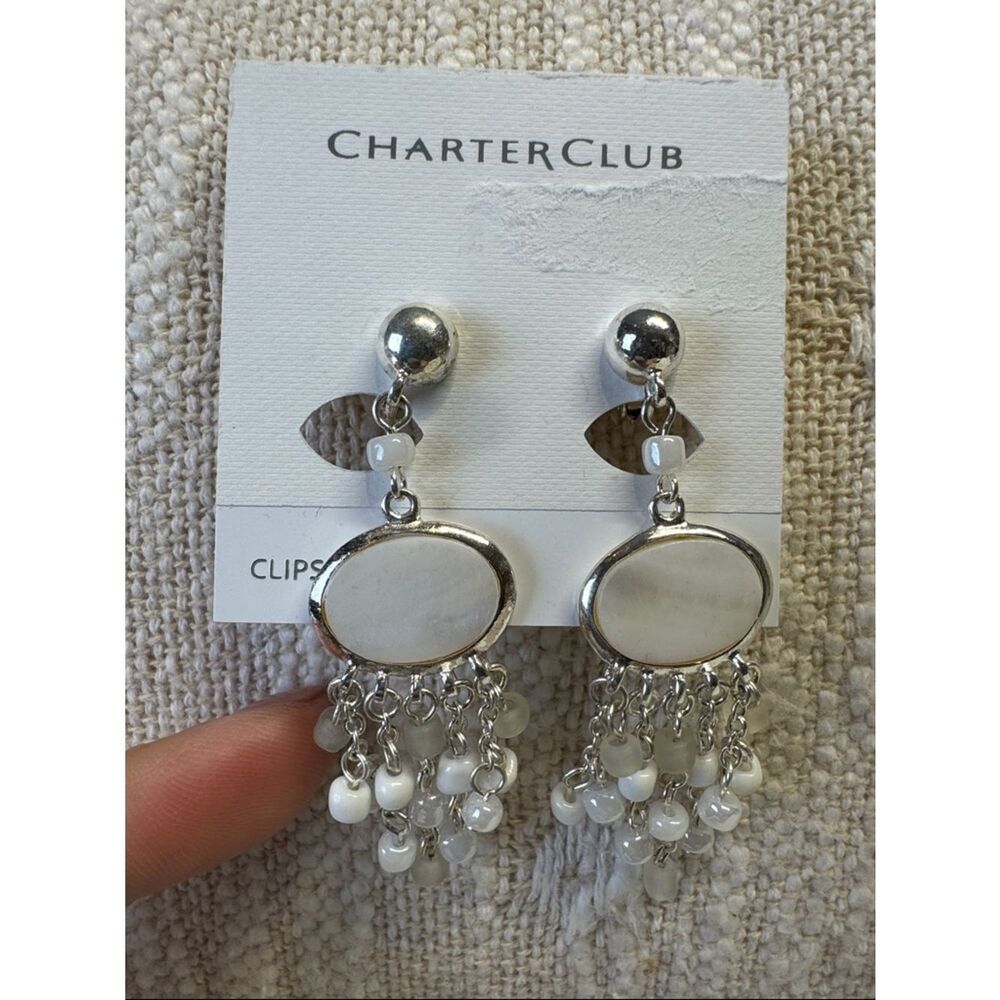 0045 Clip On Charter Club Silver-Tone Earrings White Oval and Beaded Tassels